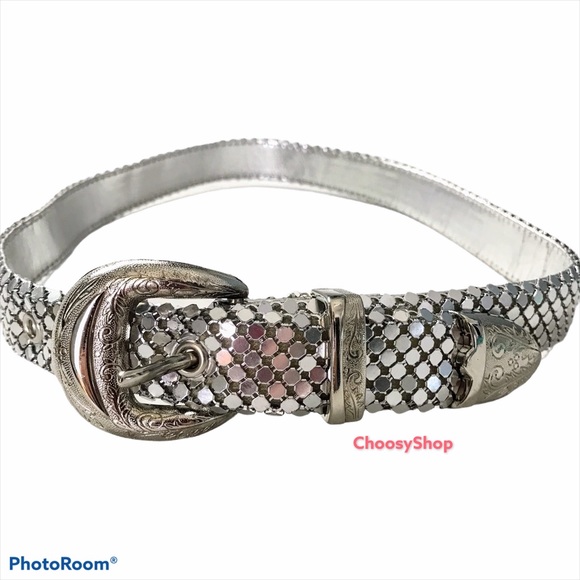 Silver Belt Shiny Bling w/ Etched Buckle and Tip - Picture 1 of 12